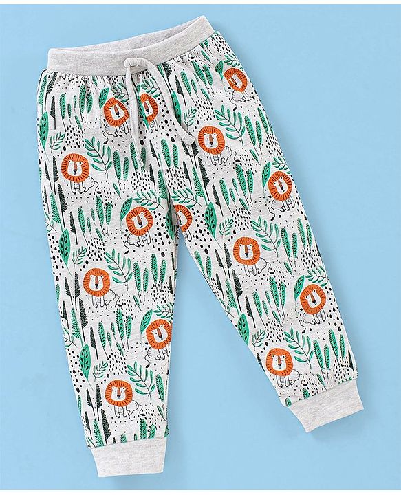 Babyhug Cotton Knit Full Length  Lounge Pant Lion Print - White