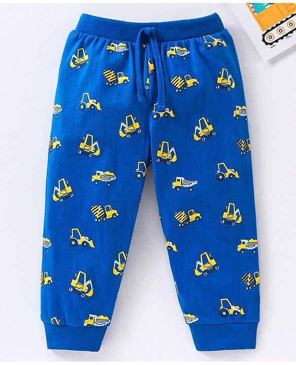 Babyhug Cotton Full Length Lounge Pants Construction Vehicle Print - Blue