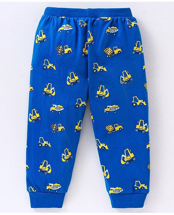 Babyhug Cotton Full Length Lounge Pants Construction Vehicle Print - Blue