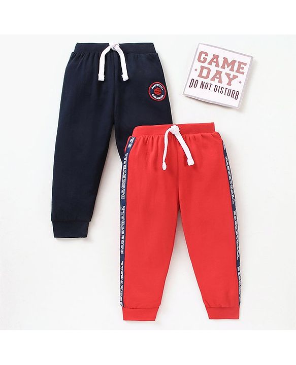 Babyhug Cotton Full Length Lounge Pants Text Print Pack of 2 - Navy Blue Red