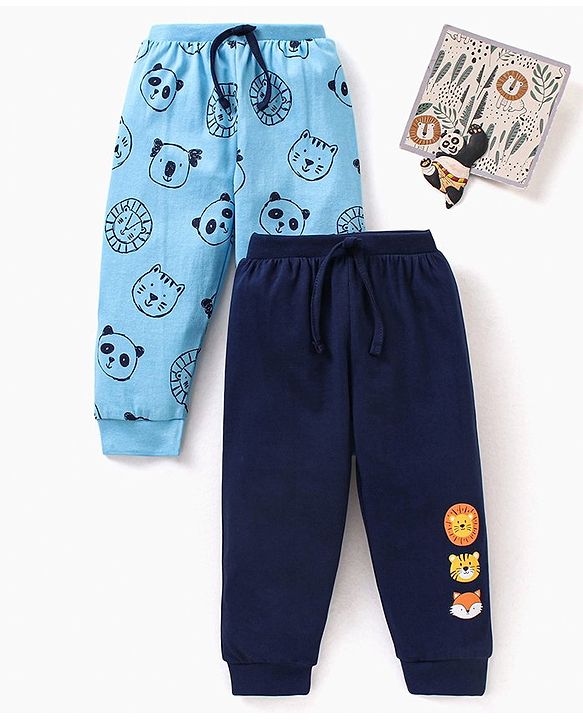 Babyhug Cotton Full Length Lounge Pants Panda Face Print Pack of 2 - Navy Blue