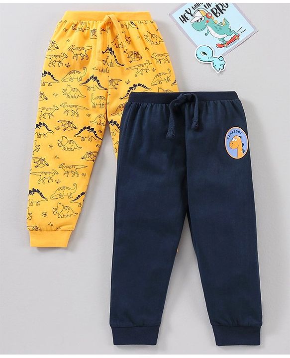 Babyhug Cotton Full Length Ribbed Waist Lounge Pant Printed Pack of 2  - Yellow Navy