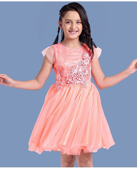 Pine Kids Half Sleeves Party Wear Dress with Flower Brooch - Pink