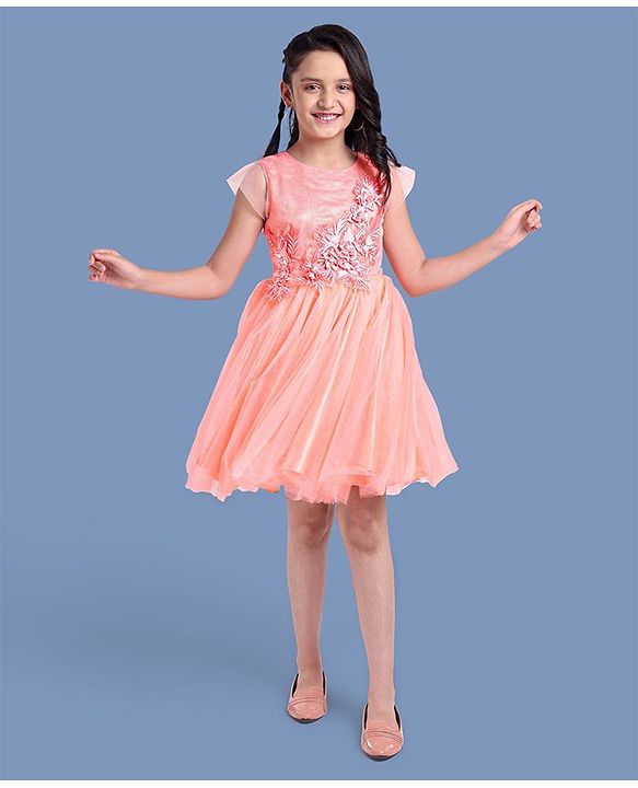 Pine Kids Half Sleeves Party Wear Dress with Flower Brooch - Pink