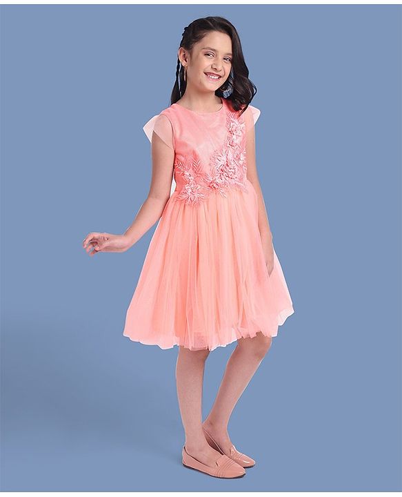 Pine Kids Half Sleeves Party Wear Dress with Flower Brooch - Pink