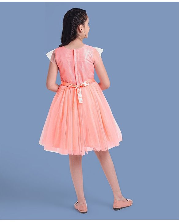 Pine Kids Half Sleeves Party Wear Dress with Flower Brooch - Pink