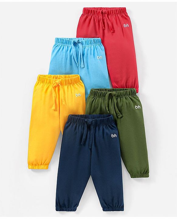 Babyhug Cotton Full Length Solid Lounge Pants Pack of 5- Blue & Green