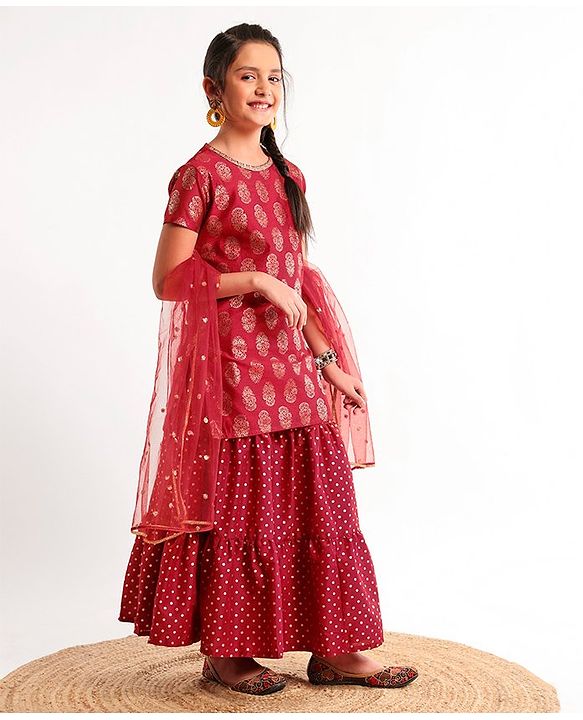 Pine Kids Half Sleeves Choli & Lehenga With Dupatta Set - Red
