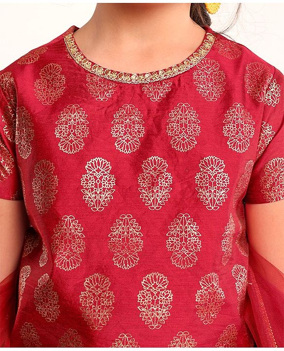 Pine Kids Half Sleeves Choli & Lehenga With Dupatta Set - Red