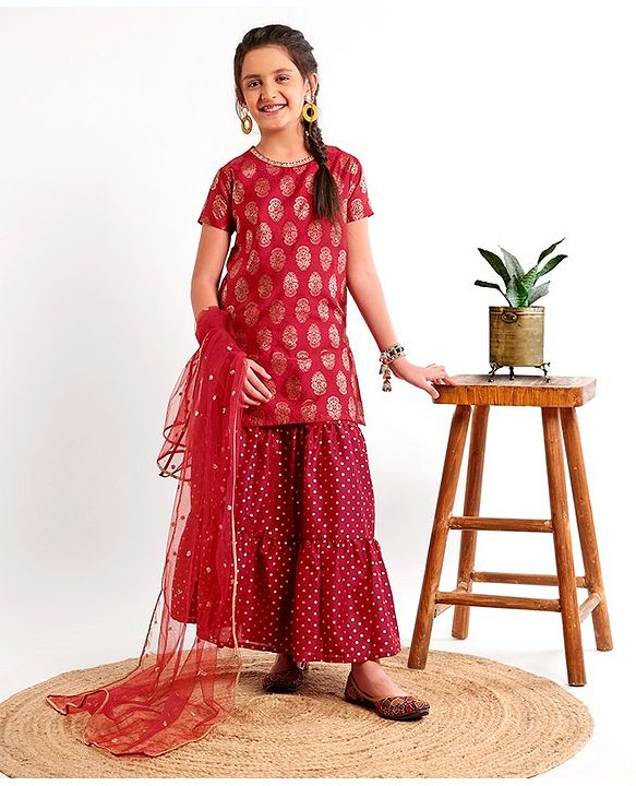 Pine Kids Half Sleeves Choli & Lehenga With Dupatta Set - Red