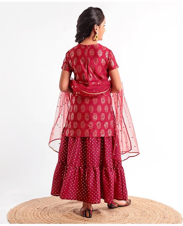 Pine Kids Half Sleeves Choli & Lehenga With Dupatta Set - Red