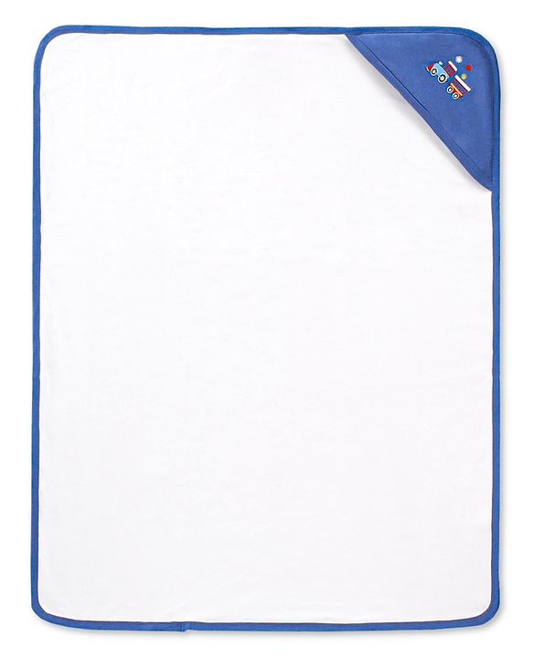Babyhug Cotton Interlock Double Layer Hooded Wrapper with Train Embroidery - Blue