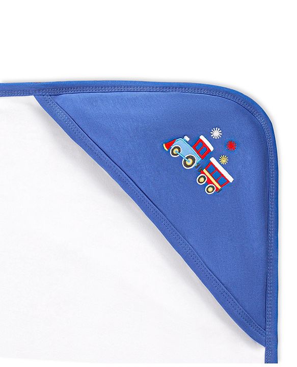 Babyhug Cotton Interlock Double Layer Hooded Wrapper with Train Embroidery - Blue