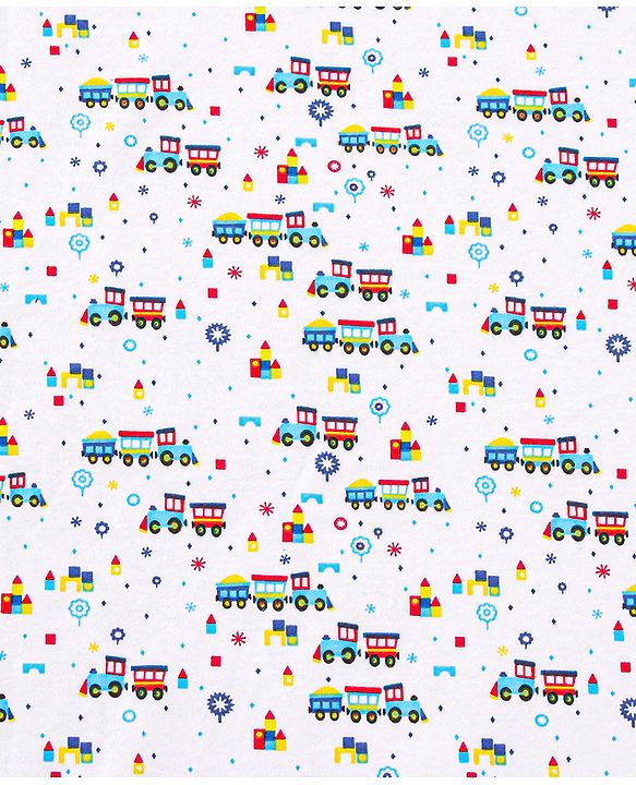 Babyhug Cotton Interlock Double Layer Hooded Wrapper with Train Embroidery - Blue