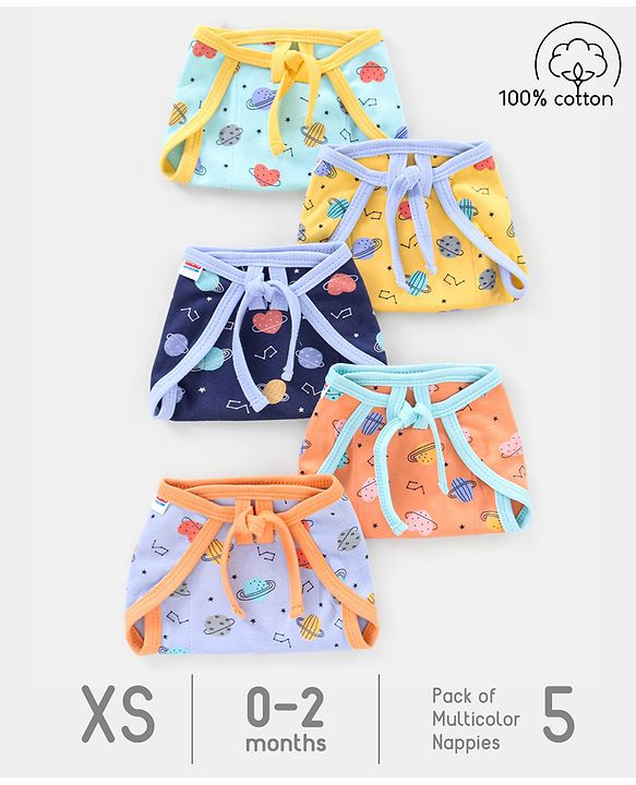 Babyhug Interlock Dyed Printed Cloth Nappies Extra Small Set of 5 - Multicolour