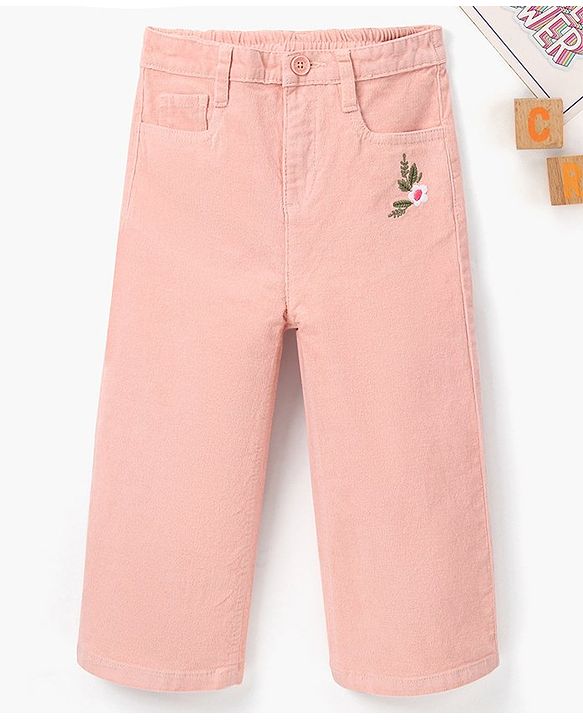 Babyhug Cotton Stretchable Culotte Length Corduroy Pants Flower Embroidery - Pink