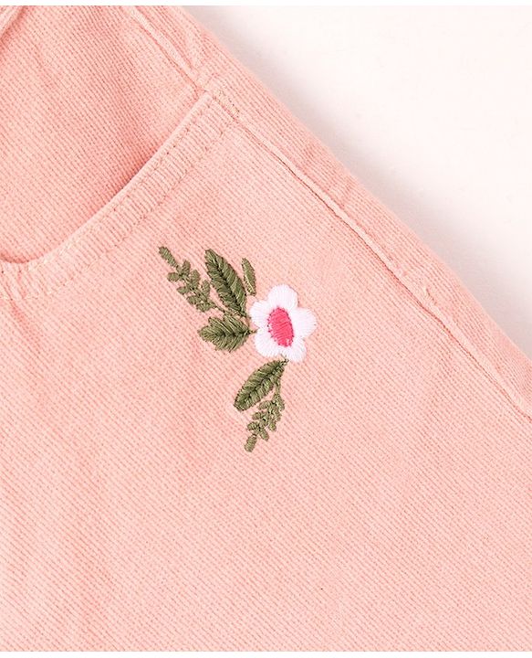 Babyhug Cotton Stretchable Culotte Length Corduroy Pants Flower Embroidery - Pink
