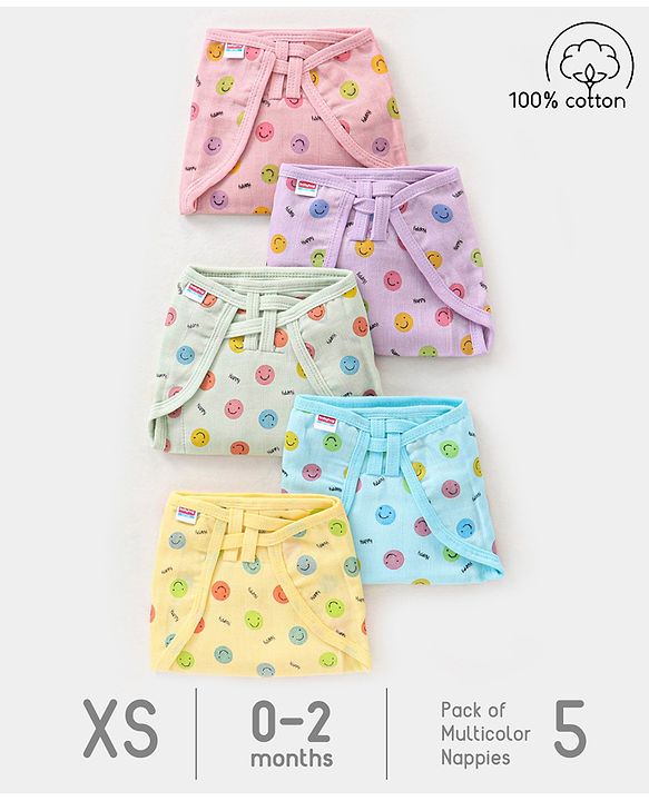 Babyhug Muslin Cotton Dyed Printed Cloth Nappies Extra Small Set of 5 - Multicolour