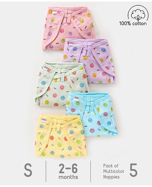 Babyhug Muslin Cotton Dyed Printed Cloth Nappies Extra Small Set of 5 - Multicolour