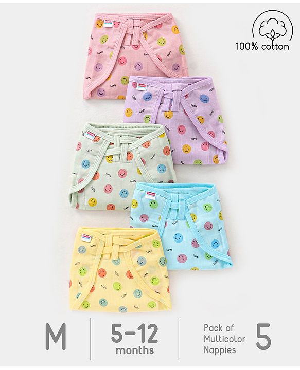 Babyhug Muslin Cotton Dyed Printed Cloth Nappies Extra Small Set of 5 - Multicolour