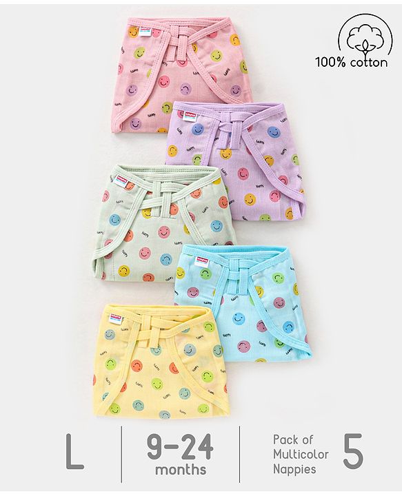 Babyhug Muslin Cotton Dyed Printed Cloth Nappies Extra Small Set of 5 - Multicolour