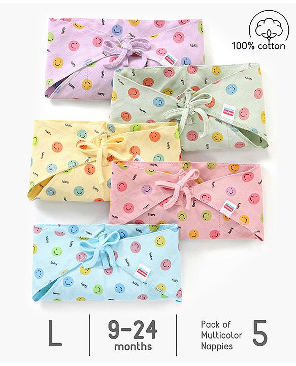 Babyhug Muslin Cloth Nappy Smiley Print Large Set Of 5 - Multicolor