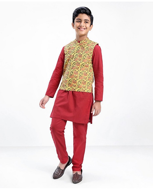 Pine Kids Full Sleeves Kurta Pyjama Set with Bandi Floral Print - Maroon