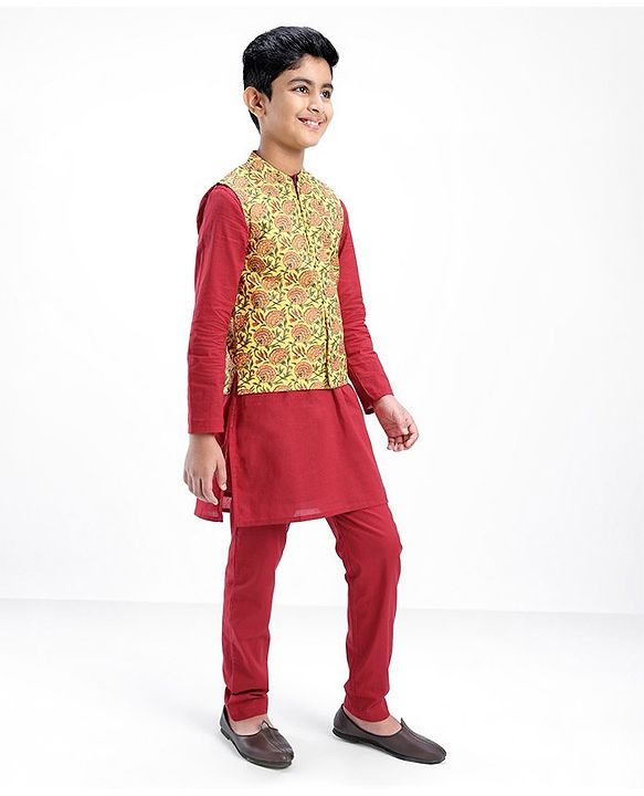 Pine Kids Full Sleeves Kurta Pyjama Set with Bandi Floral Print - Maroon