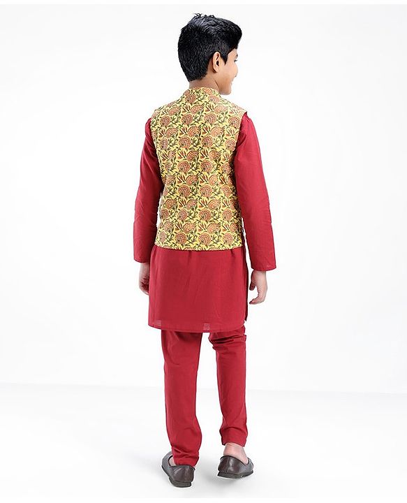 Pine Kids Full Sleeves Kurta Pyjama Set with Bandi Floral Print - Maroon