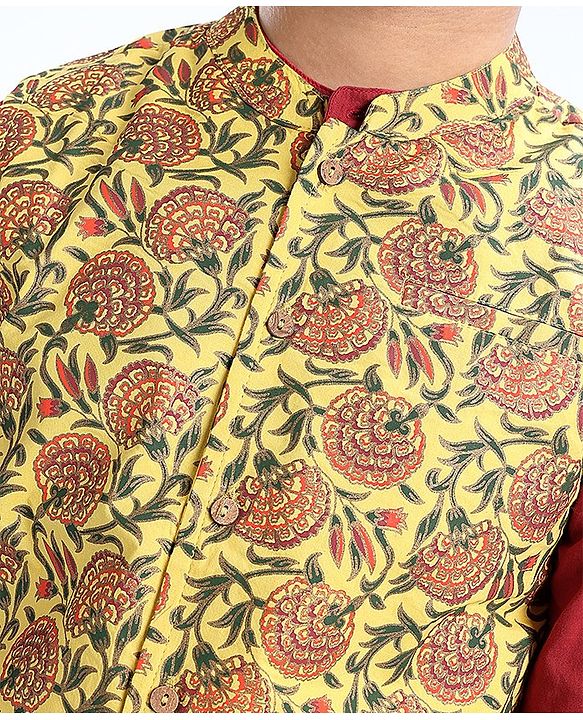Pine Kids Full Sleeves Kurta Pyjama Set with Bandi Floral Print - Maroon