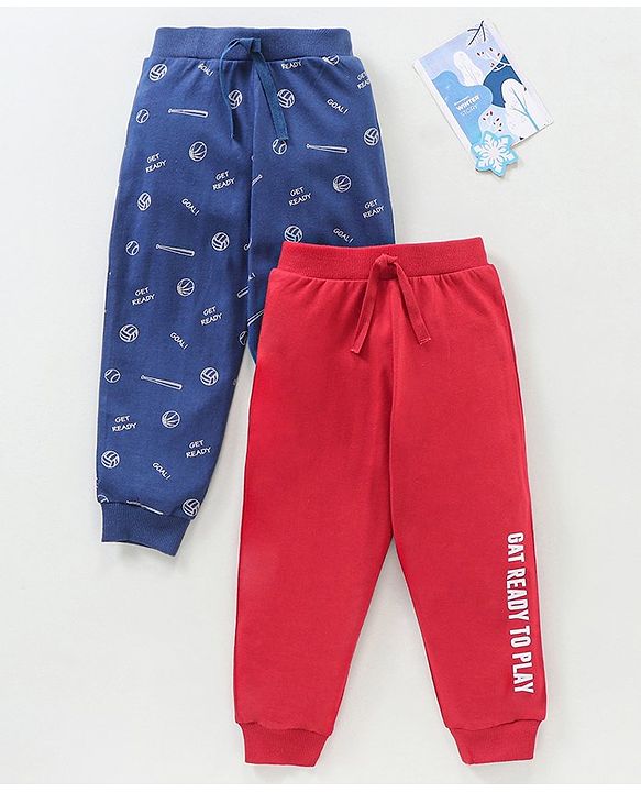 Babyhug Cotton Knit Full Length Joggers Pant Text Print Pack of 2 - Navy Red
