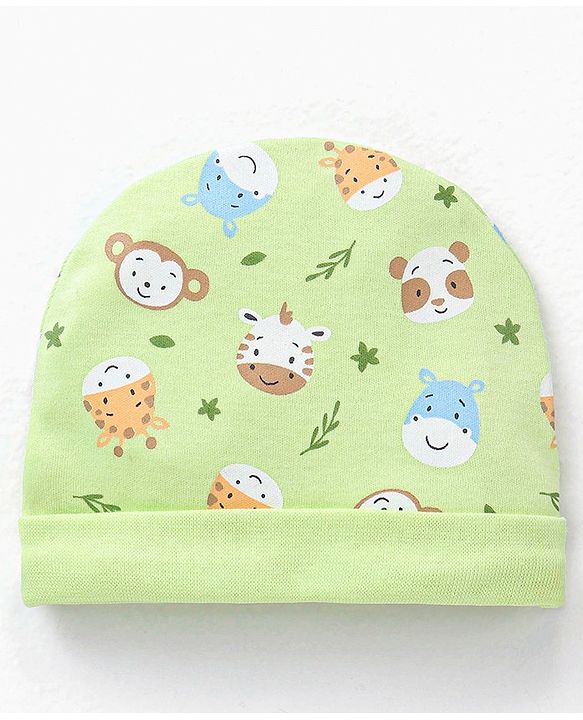 Babyhug 100% Cotton Cap Mittens & Booties Set Cow Giraffe Print - Diameter 10 cm