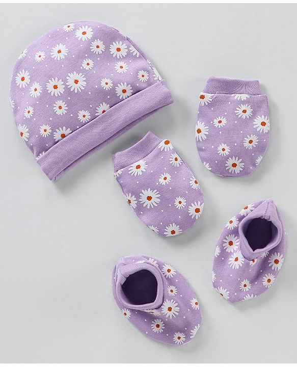 Babyhug 100% Cotton Cap Mittens & Booties Purple - Circumference 35 cm