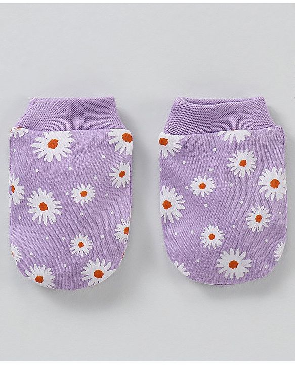 Babyhug 100% Cotton Cap Mittens & Booties Purple - Circumference 35 cm