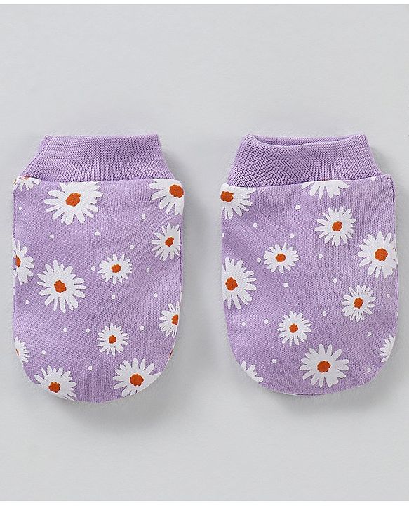 Babyhug 100% Cotton Cap Mittens & Booties Purple - Circumference 35 cm