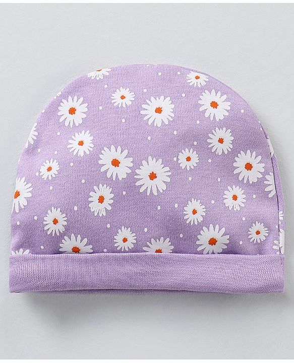 Babyhug 100% Cotton Cap Mittens & Booties Purple - Circumference 35 cm