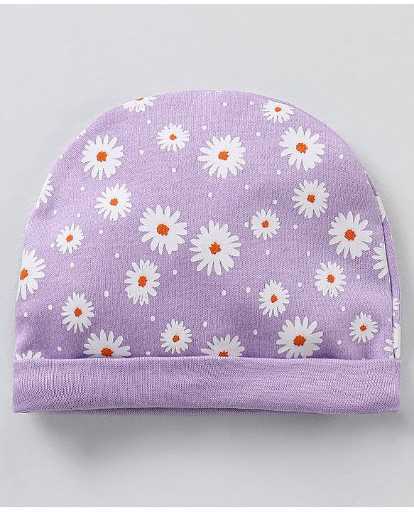 Babyhug 100% Cotton Cap Mittens & Booties Purple - Circumference 35 cm
