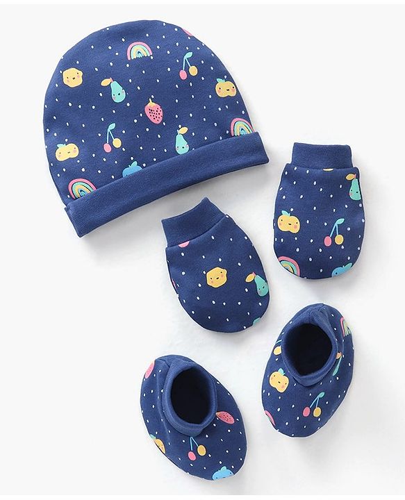 Babyhug 100% Cotton Cap Mittens & Booties Set Fruits Print - Diameter 11 cm