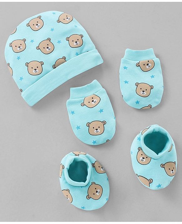 Babyhug 100% Cotton Cap Mittens & Booties Set Teddy Print Blue - Diameter- 11 cm