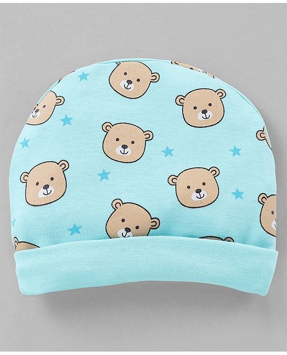 Babyhug 100% Cotton Cap Mittens & Booties Set Teddy Print Blue - Diameter- 11 cm