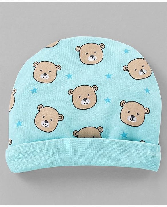 Babyhug 100% Cotton Cap Mittens & Booties Set Teddy Print Blue - Diameter- 11 cm