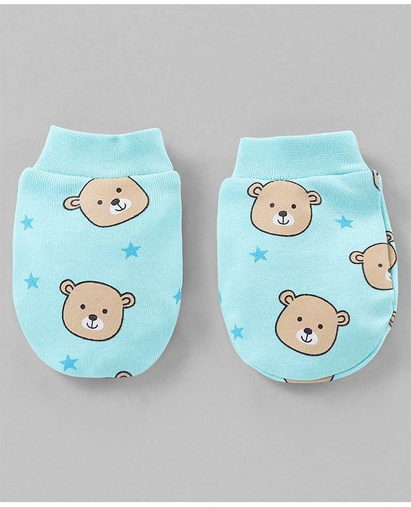 Babyhug 100% Cotton Cap Mittens & Booties Set Teddy Print Blue - Diameter- 11 cm