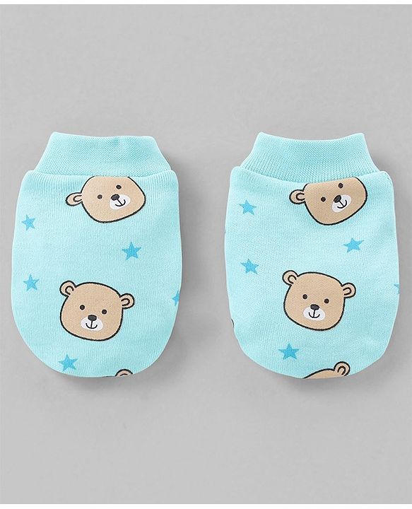 Babyhug 100% Cotton Cap Mittens & Booties Set Teddy Print Blue - Diameter- 11 cm