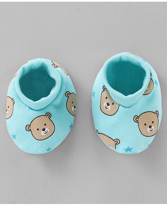 Babyhug 100% Cotton Cap Mittens & Booties Set Teddy Print Blue - Diameter- 11 cm