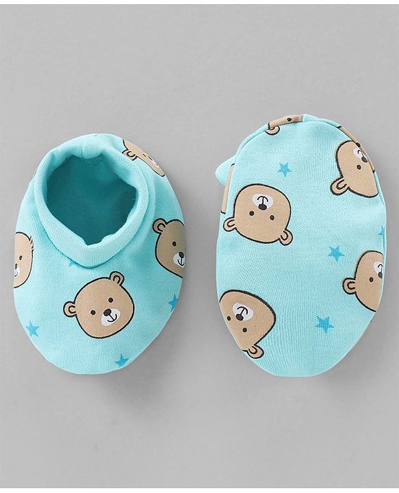 Babyhug 100% Cotton Cap Mittens & Booties Set Teddy Print Blue - Diameter- 11 cm