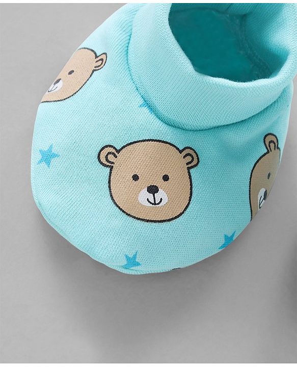 Babyhug 100% Cotton Cap Mittens & Booties Set Teddy Print Blue - Diameter- 11 cm