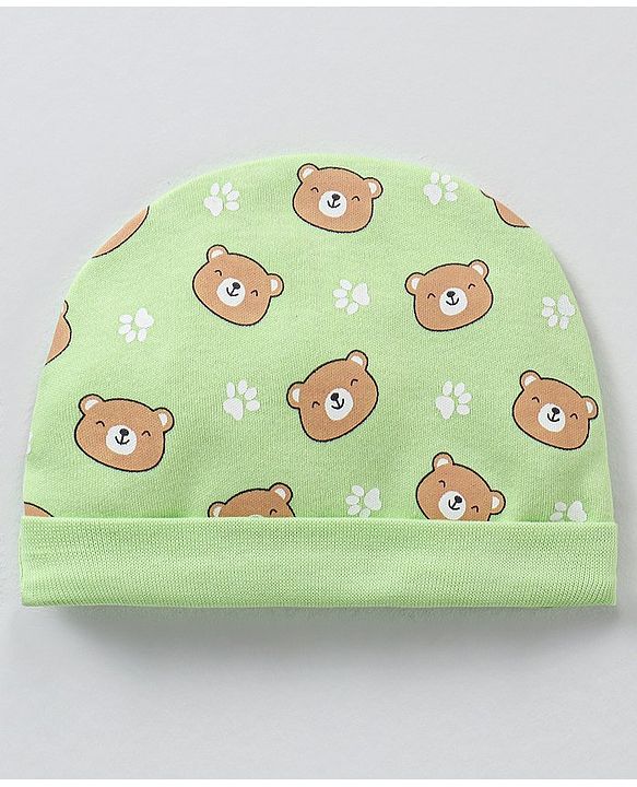 Babyhug 100% Cotton Cap Mittens & Booties Green - Circumference 39 cm