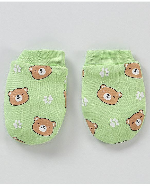 Babyhug 100% Cotton Cap Mittens & Booties Green - Circumference 39 cm