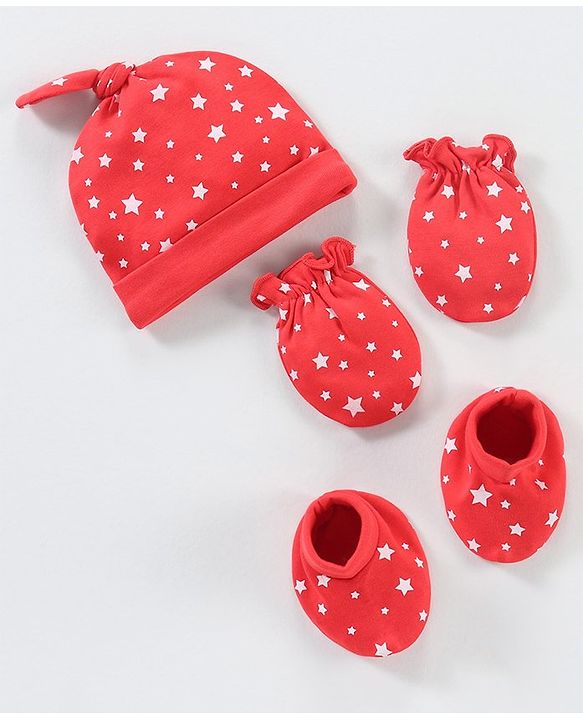 Babyhug 100% Cotton Cap Mittens & Booties Star Print Red - Circumference 38 cm