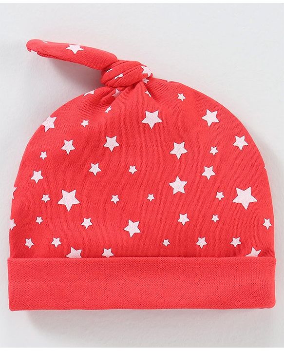 Babyhug 100% Cotton Cap Mittens & Booties Star Print Red - Circumference 38 cm